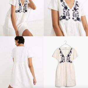 Madewell Linen White Dress with Blue Floral Embroidery
